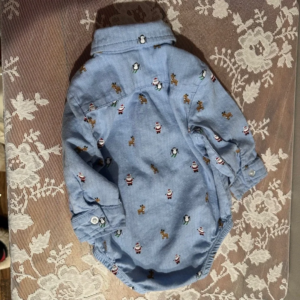 Little Me Baby Boys 6M Blue Christmas Santa‎ Penguin Reindeer Long Sleeve Onesie